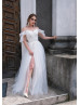 Off Shoulder Ivory Lace Tulle Slit Modern Wedding Dress